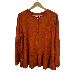 LOGO Lori Goldstein Button Up Blouse Large Burnt Orange Textured Ruffle Hem Boho